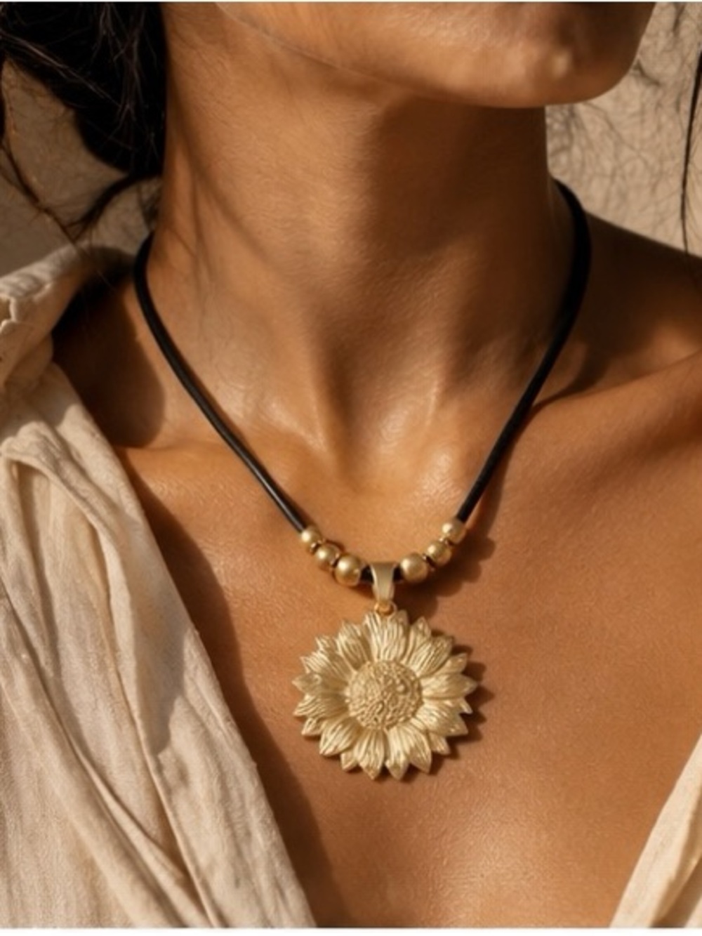 Sunflower Medallion on Black Cord Necklace